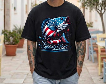 Camiseta de pesca para hombre, camiseta de pesca con bandera estadounidense, regalo para papá pescador, camiseta de pesca patriótica, camiseta de pesca para exteriores