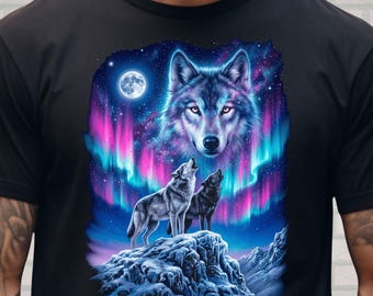 Camiseta Comfort Color Wolf Aurora, camiseta gráfica Galaxy Wolf, camiseta Northern Lights Wolf, camiseta Cosmic Animal, regalo para amantes de los lobos