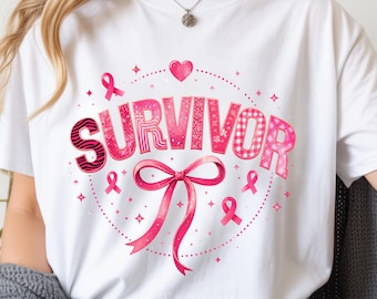 Camiseta Comfort Colors 1717 para sobrevivientes de cáncer de mama, camiseta de concientización con lazo rosa, regalo de apoyo contra el cáncer con lazo coqueto