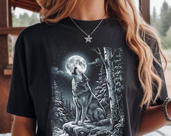 Camiseta Comfort Colors Wolf Moon, camiseta con lobo aullando, camiseta vintage de vida silvestre, camiseta con estampado de lobo del bosque, camiseta de naturaleza