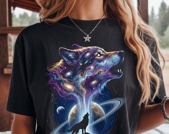 Camiseta Comfort Color Galaxy Wolf, camiseta gráfica Cosmic Wolf, camiseta Space Wolf, camiseta Celestial Animal, camiseta con estética fantástica