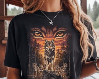 Camiseta Comfort Colors Wolf, camiseta Wolf Pack, camiseta vintage con estampado de lobo, camiseta Nature Wildlife, camiseta Forest Sunset