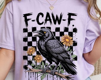 Camiseta Comfort Colors 1717 F-Caw-F Raven, camiseta gótica de cuervo, camiseta con estampado de pájaro divertido, camiseta de cuervo floral a cuadros
