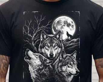 Camiseta Comfort Colors con estampado de lobo, camiseta vintage con estampado de lobo y luna, camiseta gótica con estampado de lobo aullando, camiseta con estampado de vida silvestre.