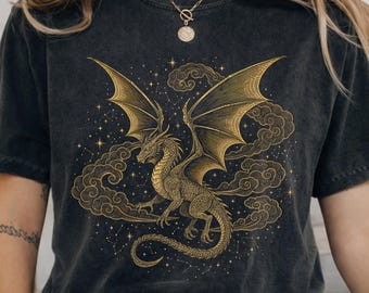 Camiseta Comfort Colors 1717 Dragón Celestial, Camiseta con Gráfico Fantástico, Camiseta Dragón Místico, Regalo con Estética Academia Oscura