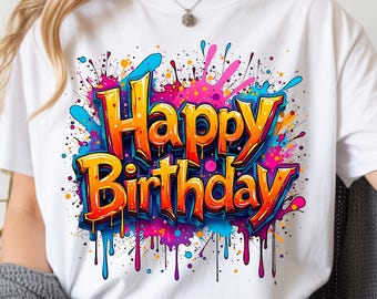Camiseta Comfort Colors 1717 Feliz Cumpleaños, Camiseta Retro Colorida de Cumpleaños, Camiseta de Fiesta de Cumpleaños con Graffiti, Camiseta Divertida con Gráficos