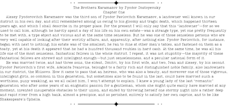 May include: Text from "The Brothers Karamazov" by Fyodor Dostoyevsky, Chapter One, is displayed in a serif font. The text describes a landowner and his sons, with details about their lives and relationships.