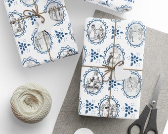 Papel de regalo Blue Willow de Orgullo y prejuicio / Ilustraciones de Hugh Thompson Rollo de papel de regalo de Navidad