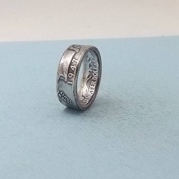 Great Gift Idea Silver coin ring Washington quarter year 1947 size 8.  90% fine silver jewelry