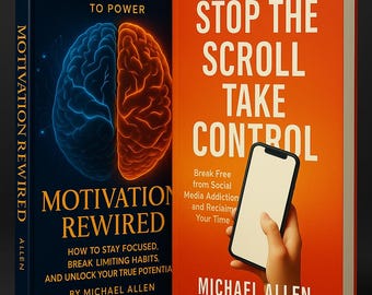 Puede incluir: Dos libros de tapa dura. El primer libro se titula "Motivation Rewired" con un gráfico de cerebro azul y naranja. El segundo libro se titula "Stop the Scroll Take Control" con una mano sosteniendo un teléfono inteligente. Ambos libros son de Michael Allen.