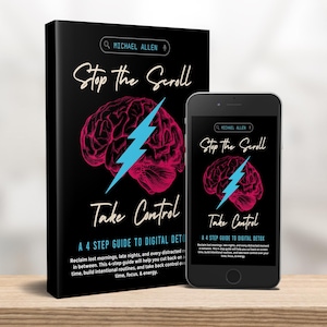 May include: A book and smartphone display the cover of "Stop the Scroll: Take Control," a guide to digital detox. The book and phone feature a black background with a pink brain graphic and a blue lightning bolt. The book is on a wooden surface.