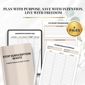 以下が含まれることがあります： STOP SUBSCRIPTION WASTE A SIMPLE FINANCIAL RESET SYSTEMという文字が書かれたベージュの表紙のファイナンシャルプランニングシステム。サブスクリプション概要表、意思決定ワークシート、貯蓄再配分計画などの印刷されたシートが含まれています。