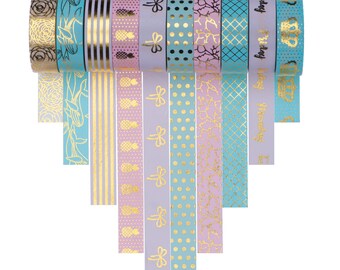 Washi Tape Set of 10 Gold Foil Rolls - Decorative Masking Tapes Great for Arts and Crafts Projects; Planners, Scrapbooking, Bullet Journals