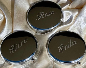 Engraved Compact Mirror, Personalised Pocket Mirror, Gold Silver Rose Gold Custom Name Detail