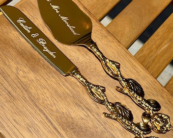 Engraved Cake Set - Floral Rose Handle Wedding Knife Server - Gold or Silver - Personalized Keepsake - Custom Engraving Cake Knife