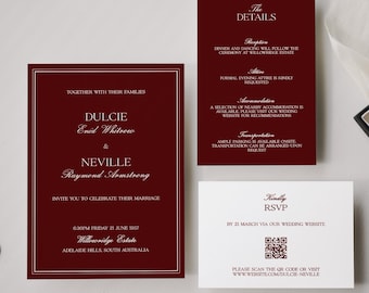 Wedding Invitation Suite | Burgundy Old Money Elegant Wedding Stationery Set | Editable Printable Invitation Bundle | DULCIE