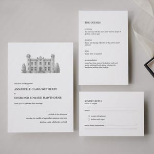 Castle Wedding Invitation Suite, Minimalist Black White RSVP Card (Corjl Template)