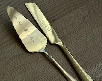 Personalized Wedding Cake Knife Set, Engraved Gold Cake Sever, Wedding Keepsake, Bride and Groom Gift