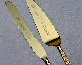 Gold Wedding Cake Knife Server Set - Engraved Vintage Handle - Gift for Bride and Groom - Birthday Cake Knife - Wedding Keepsake