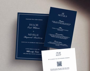 Wedding Invitation Suite Template, Navy Blue Wedding Invites, Country Club Wedding Style, Classic Wedding Stationery, Editable Invite Suite