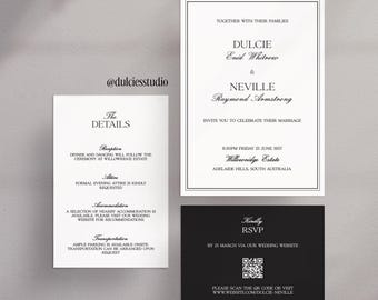wedding card invitation suite, Heritage editable template, Black White stationery, 5x7, 4x6, 5x3.5, digital download, Old Money wedding