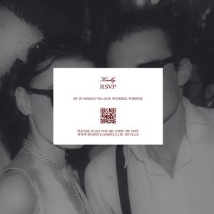 The image is a wedding invitation card featuring a couple in formal attire, with a QR code and a website address provided.