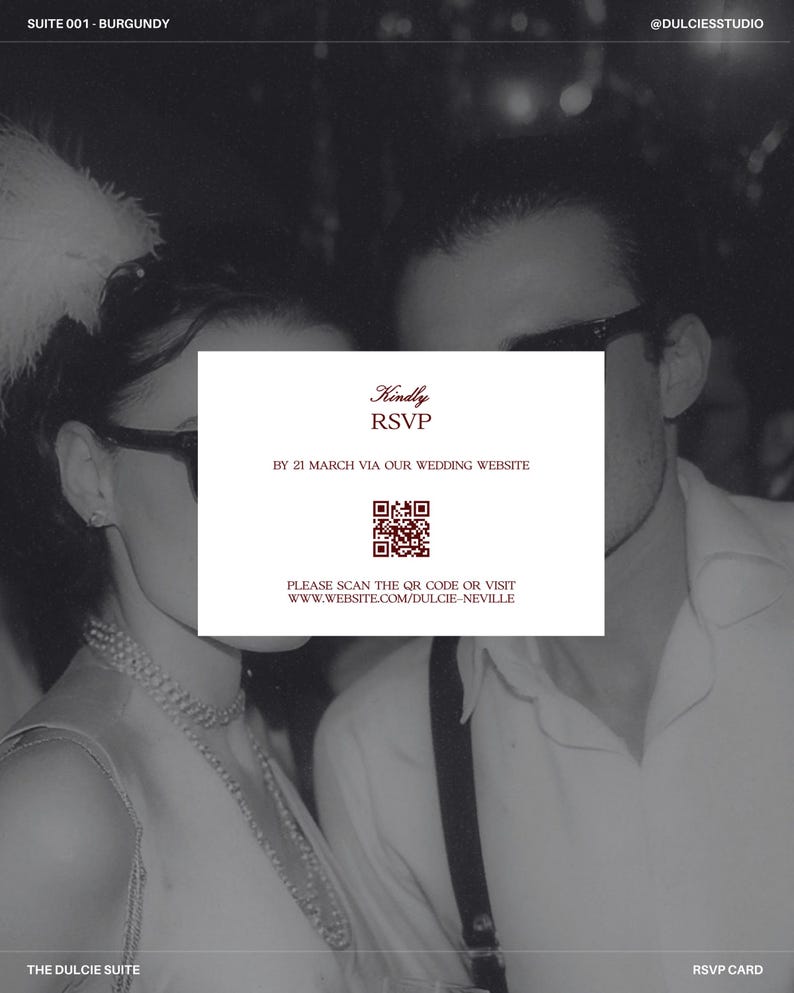 The image is a wedding invitation card featuring a couple in formal attire, with a QR code and a website address provided.