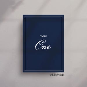 Bröllopsbordsnummer i marinblå vintagestil, redigerbar skylt, klassiska blå accenter (PDF digital nedladdning, 13x18 cm och 10x15 cm)