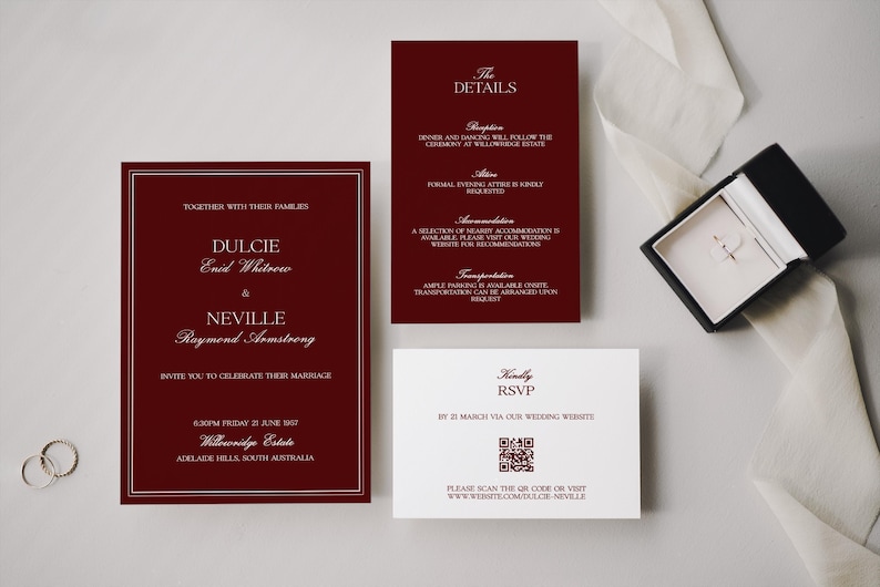 Editable wedding template printable digital download with elegant old money aesthetic in burgundy tones, luxury wedding stationery for invitations, signs and wedding event decor, instant download modern classic design suite.