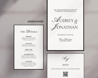 wedding card invitation suite, Modern Classic editable template, Black White stationery, 5x7, 4x6, digital download, Editorial wedding, diy