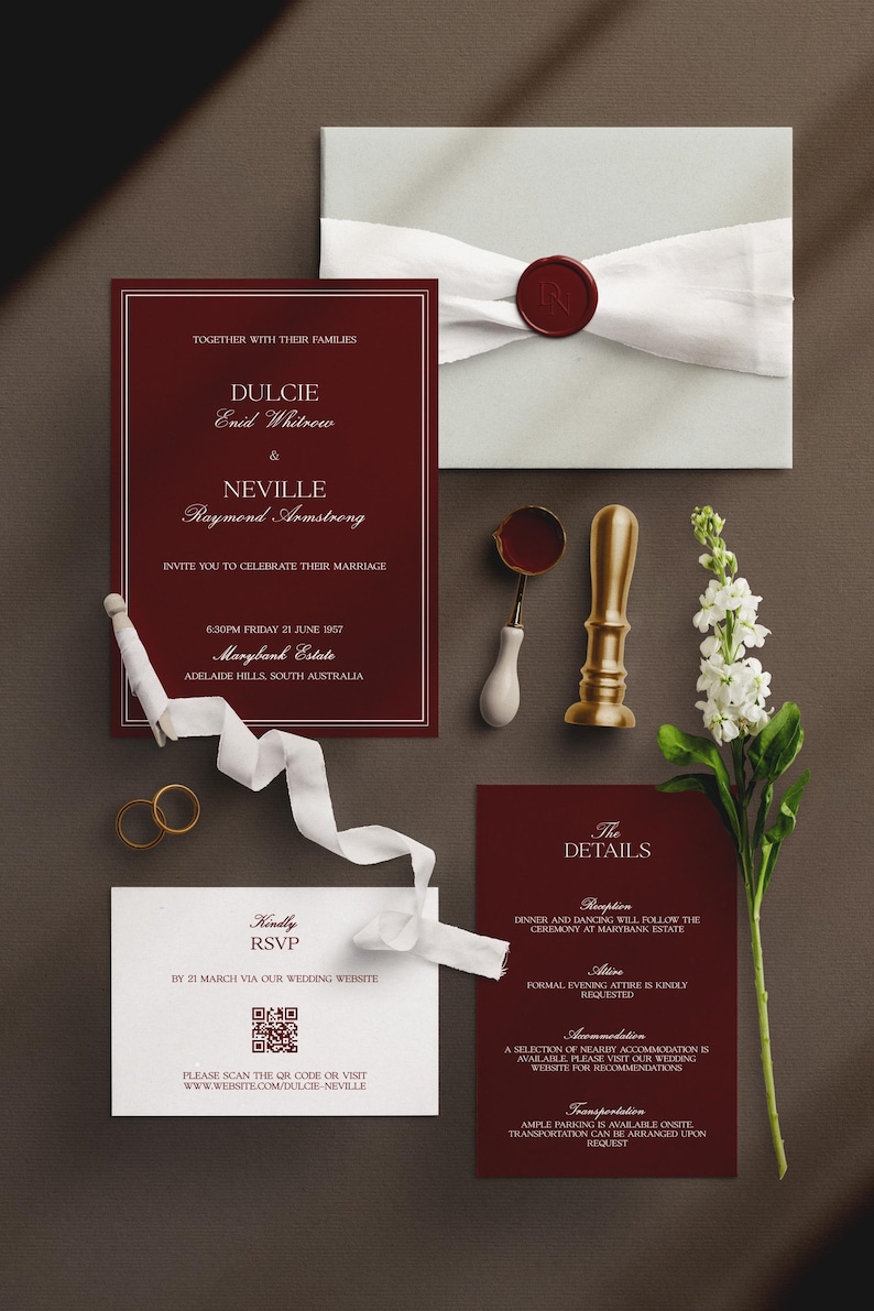 wedding card invitation suite, Burgundy editable template, Vintage stationery, 5x7, 4x6, 5x3.5, digital download, Old World wedding image 4