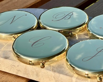 Compact mirror, metal pocket mirrors, engraved personalised custom gold initials gift