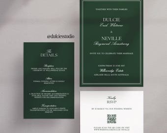 wedding card invitation suite, Heritage editable template, Green stationery, 5x7, 4x6, 5x3.5, digital download, Old money wedding