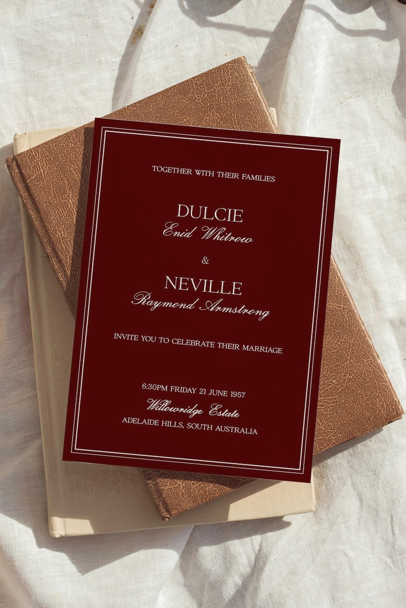 Wedding Template, Editable Printable Template, Burgundy, Old Money Aesthetic, Vintage Wedding Stationery [DULCIE BURGUNDY] image 3