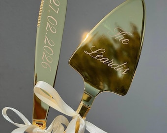 Wedding Knife Set Personalized, Engraved Gold Cake Server, Custom Bride Groom Gift, Engraved Keepsake, Two Piece Cake Sever Set