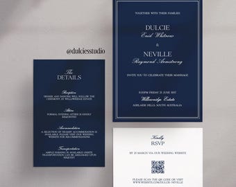 wedding card invitation suite, Heritage editable template, Navy stationery, 5x7, 4x6, 5x3.5, digital download, Old Money wedding
