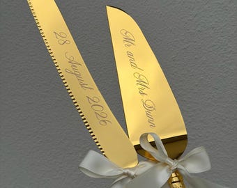 Cake Cutting Set, Engraved Personalised Wedding Knife Server, Gold Or Silver, Gift Ready