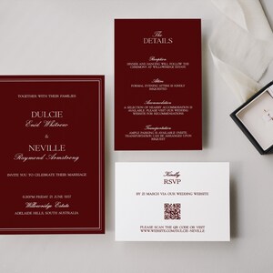 Editable wedding template printable digital download with elegant old money aesthetic in burgundy tones, luxury wedding stationery for invitations, signs and wedding event decor, instant download modern classic design suite.