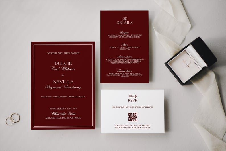 Editable wedding template printable digital download with elegant old money aesthetic in burgundy tones, luxury wedding stationery for invitations, signs and wedding event decor, instant download modern classic design suite.