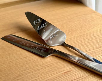 Personalized Wedding Cake Knife Server Set, Engraved Silver Knife Sever Set
