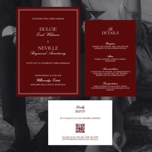 The image is a wedding invitation suite featuring a couple's wedding details, a response card, and a wedding invitation card.