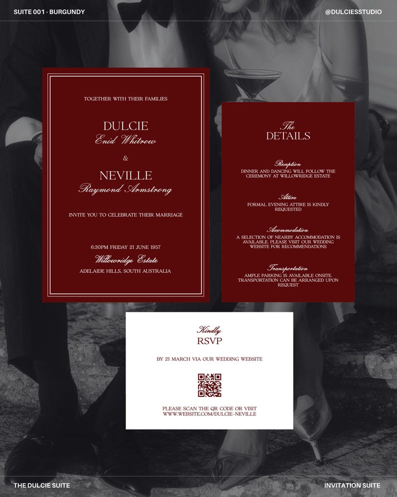 The image is a wedding invitation suite featuring a couple's wedding details, a response card, and a wedding invitation card.