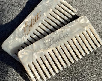 Hand Engraved Wide Acetate Comb, Personalized Gift for Bridal Party, Bridesmaids, Mother’s Day Gift, Tortoise Shell Comb, Pearl White Comb