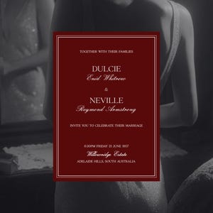 The image is a wedding invitation featuring the names of the couple, Dulcie and Enid Whitney, and their names, Raymond Amstong, along with details about the wedding celebration.