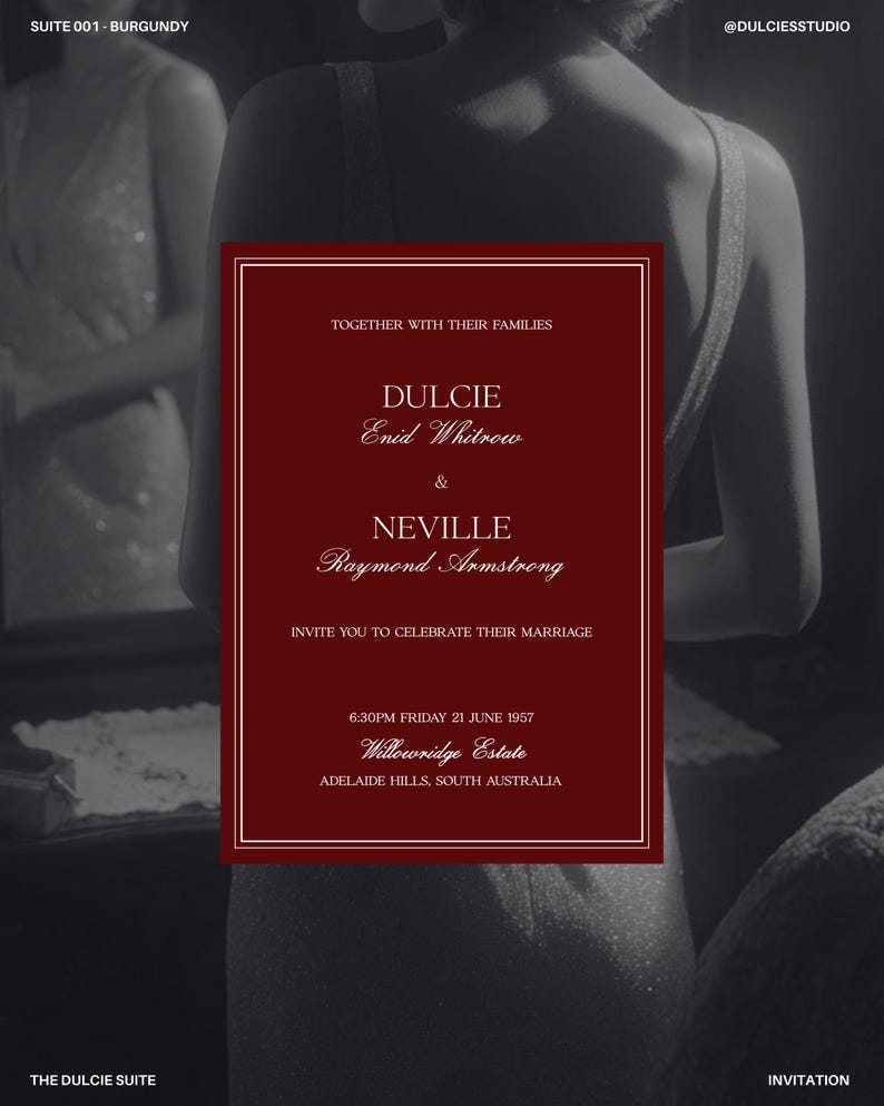The image is a wedding invitation featuring the names of the couple, Dulcie and Enid Whitney, and their names, Raymond Amstong, along with details about the wedding celebration.