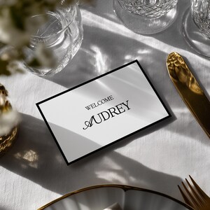 Plantilla editable para tarjetas de mesa de boda, tarjetas de nombre en blanco y negro (descarga digital)