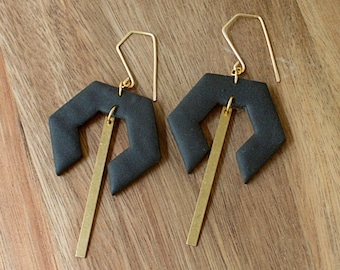 Black Hexagon Earrings - Hexagon Dangle Earrings - Geometric Earrings - Gold Statement Earrings