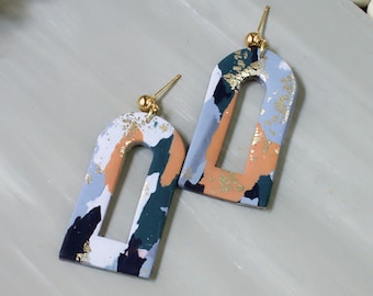 Blue Terrazzo Dangle Earrings – Handmade Polymer Clay Mosaic Tile