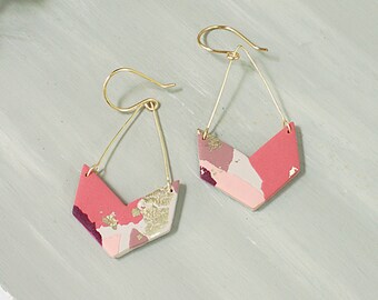 Pink Terrazzo Earrings - Mosaic Tile Earrings - Brass Dangle Earrings - Pink Abstract Earrings