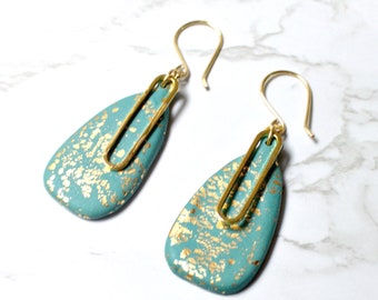Teal and Gold Vase Earrings - Gold Clay Earrings - Gold Hammered Earrings - Gold Statement Earrings - Hammered Brass Earrings